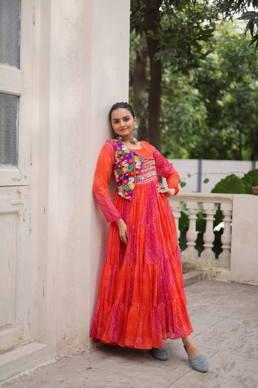 Navratri Special Laheriya And Bandhej Printed Georgette Garba Wear Gown