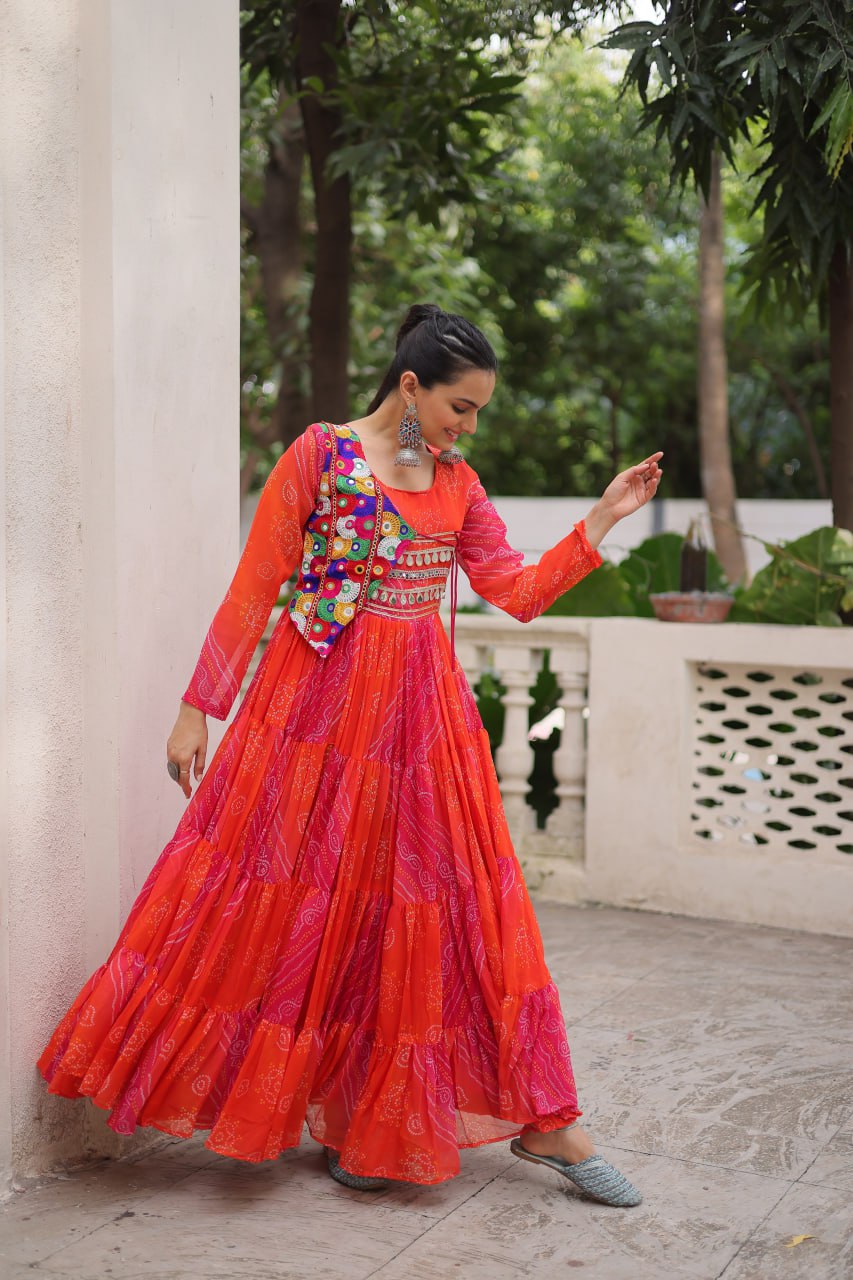 Navratri Special Laheriya And Bandhej Printed Georgette Garba Wear Gown