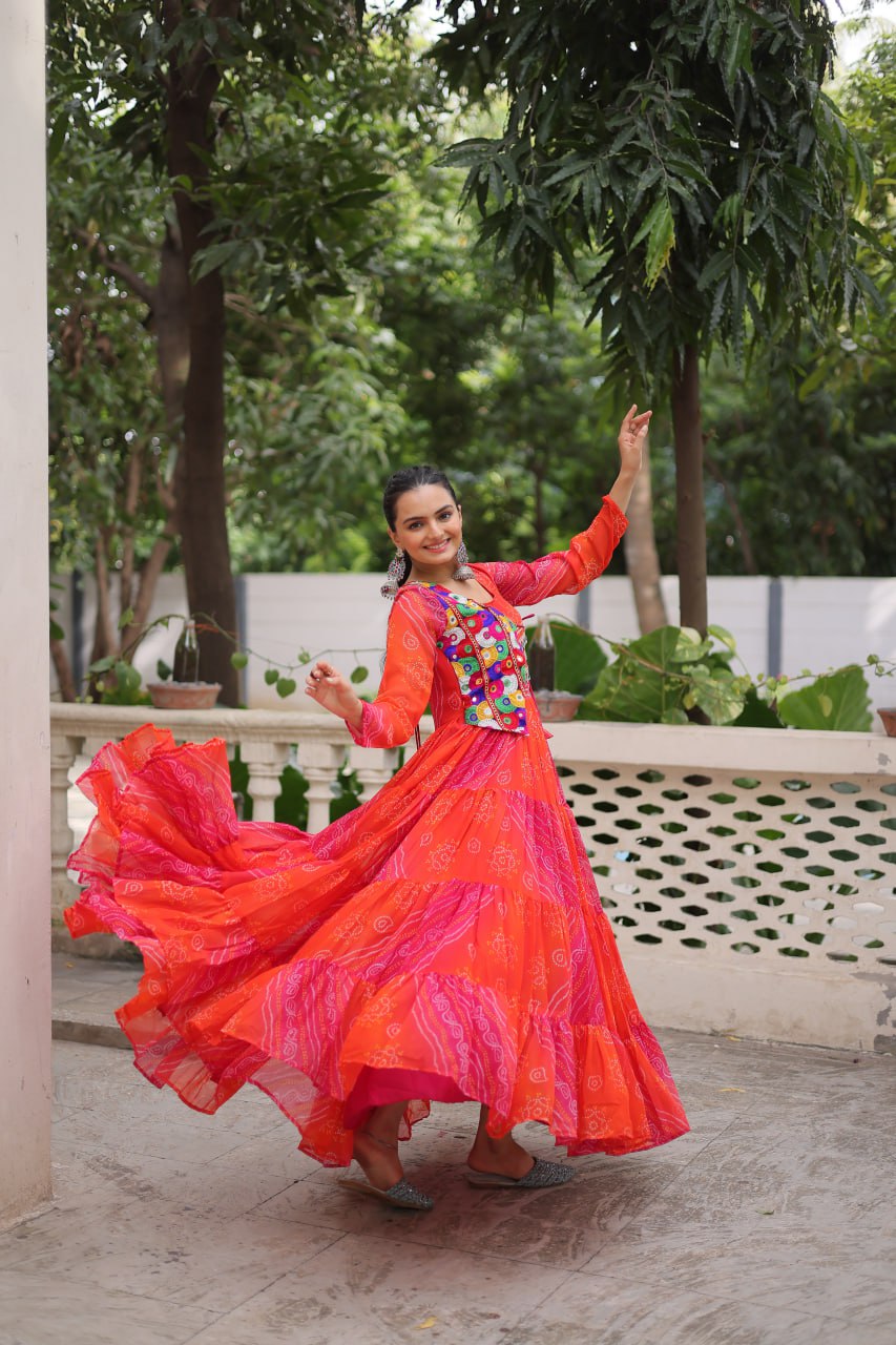 Navratri Special Laheriya And Bandhej Printed Georgette Garba Wear Gown
