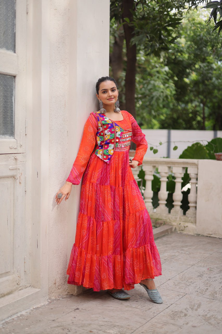Navratri Special Laheriya And Bandhej Printed Georgette Garba Wear Gown