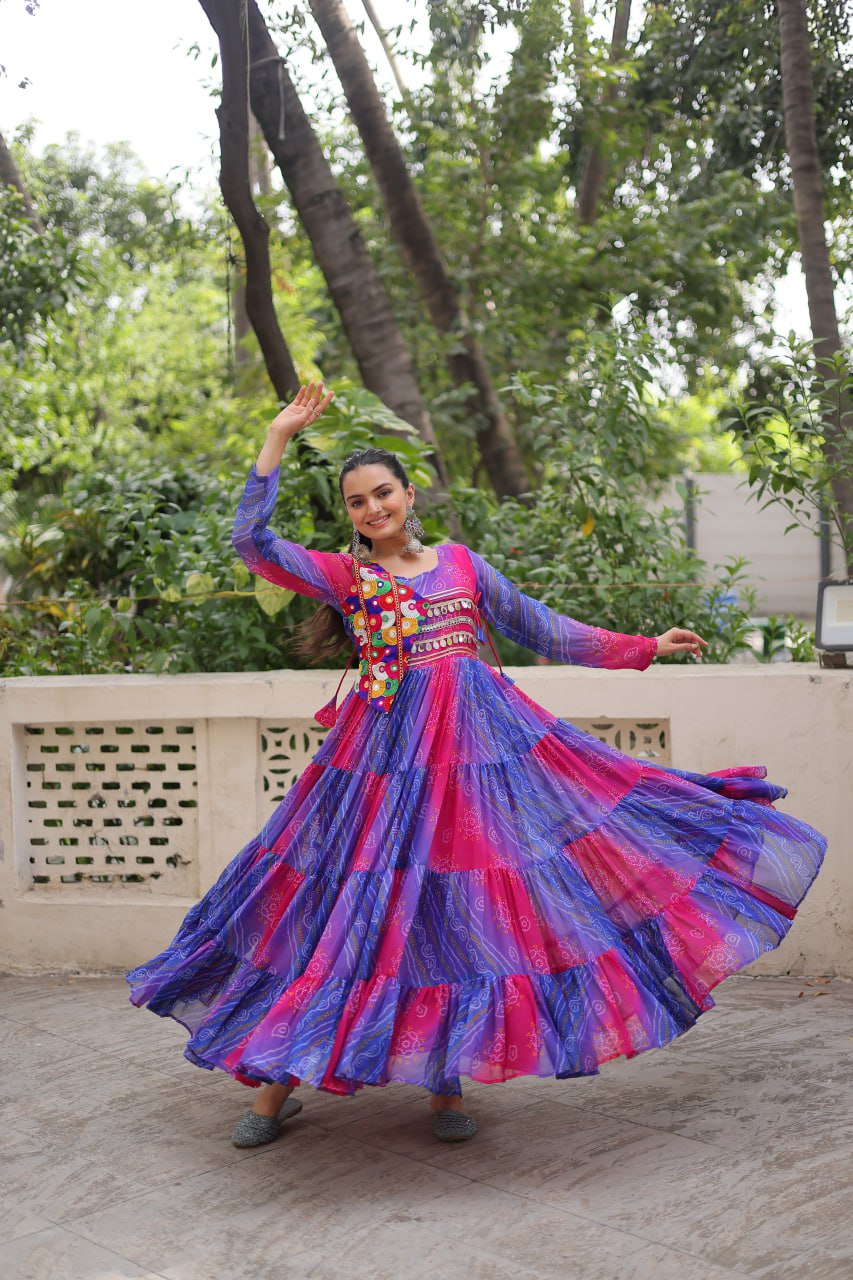 Navratri Special Laheriya And Bandhej Printed Georgette Garba Wear Gown