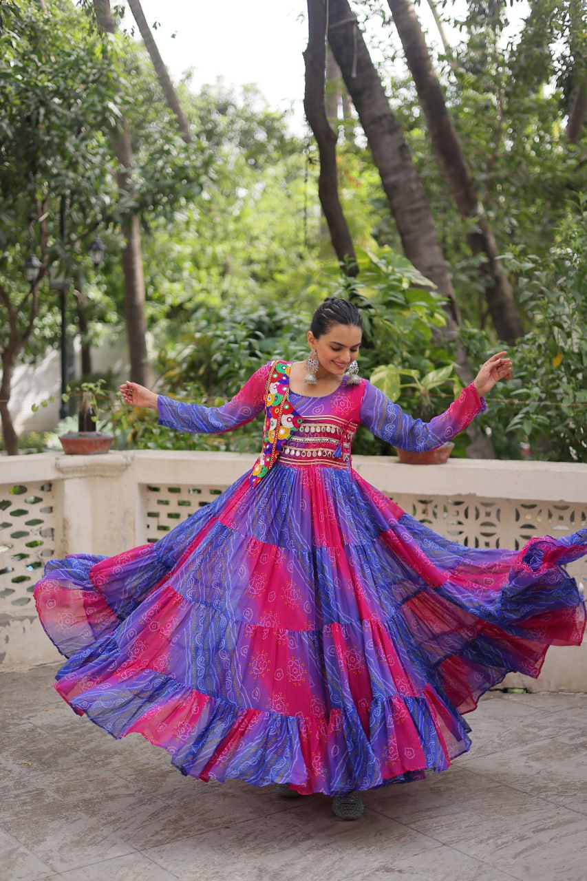 Navratri Special Laheriya And Bandhej Printed Georgette Garba Wear Gown