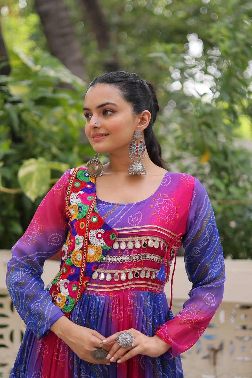 Navratri Special Laheriya And Bandhej Printed Georgette Garba Wear Gown