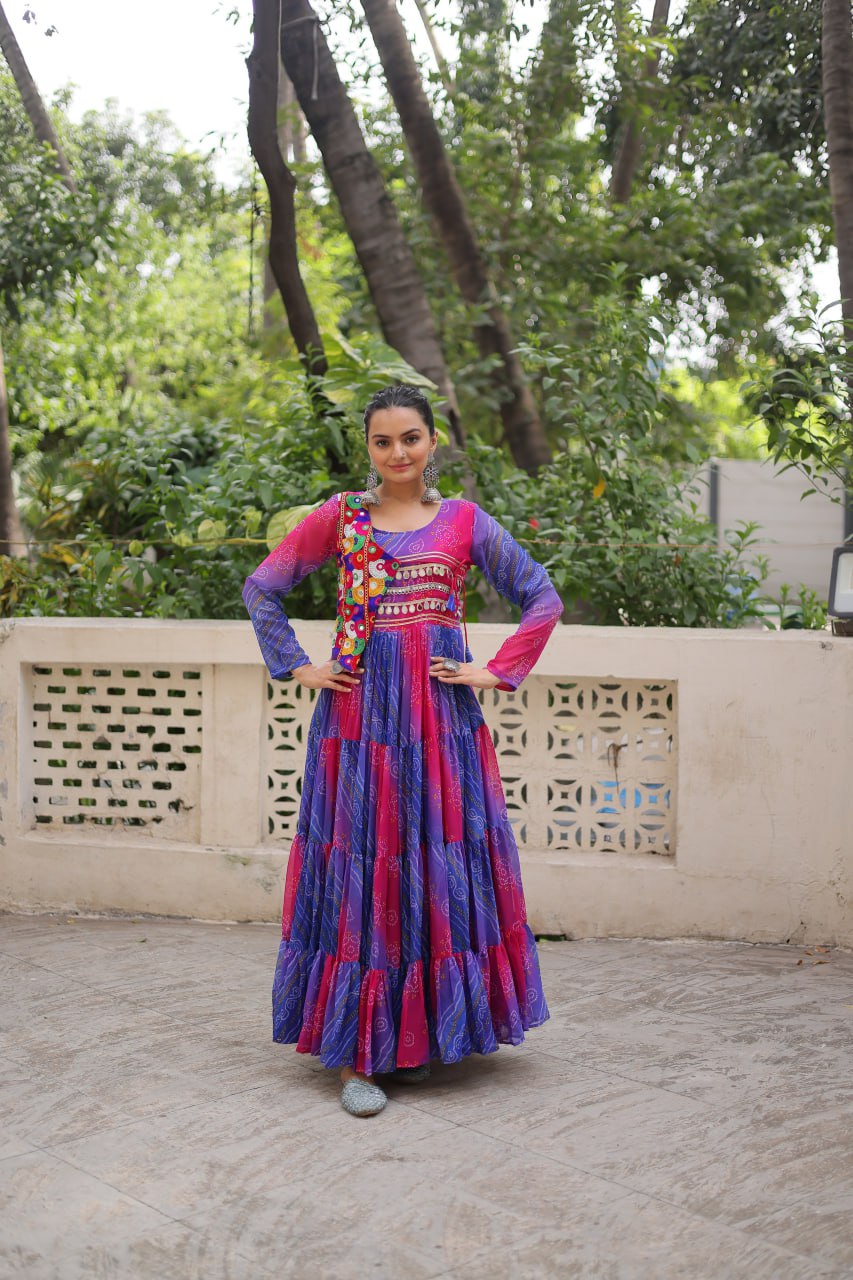 Navratri Special Laheriya And Bandhej Printed Georgette Garba Wear Gown