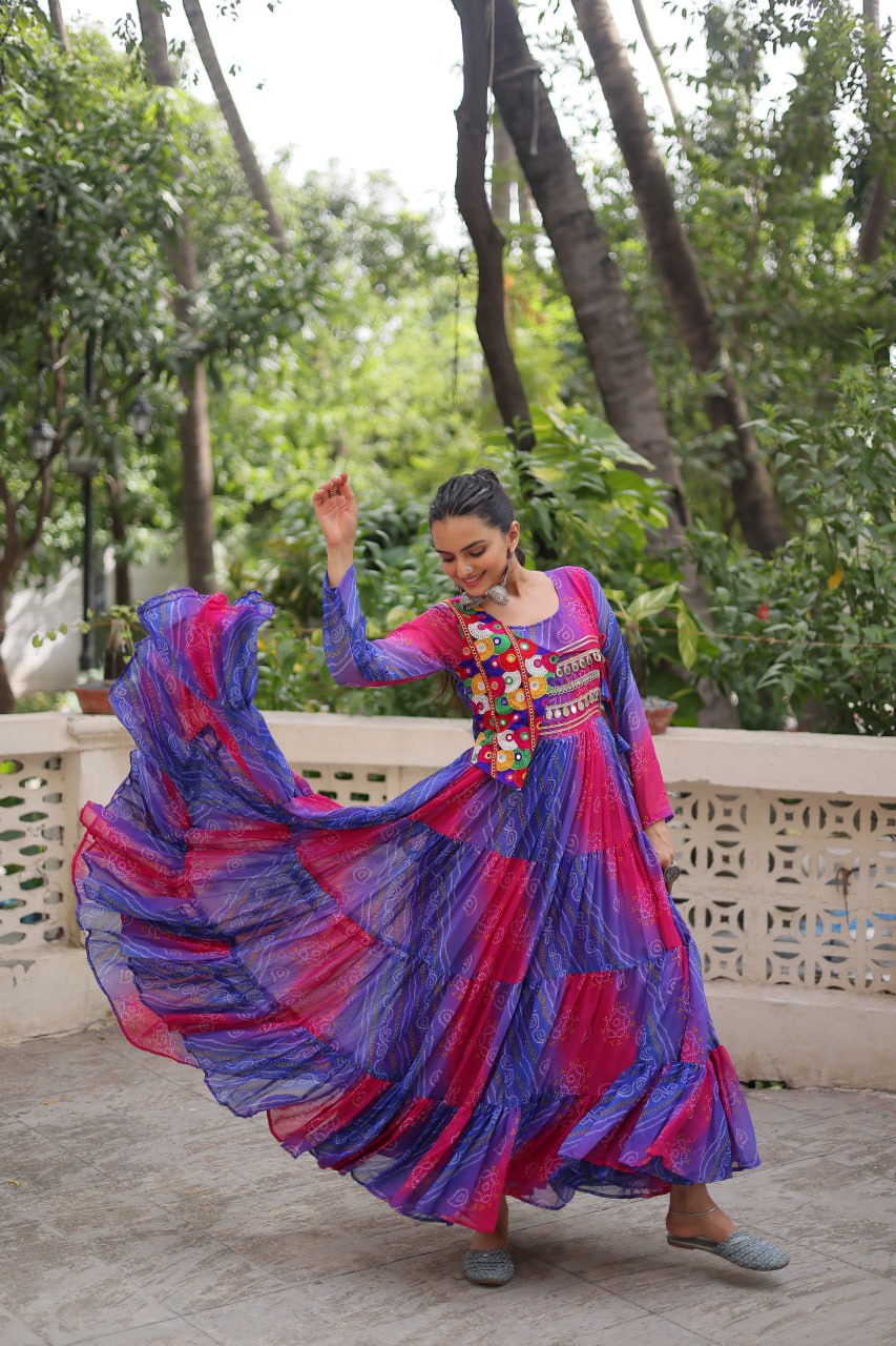 Navratri Special Laheriya And Bandhej Printed Georgette Garba Wear Gown