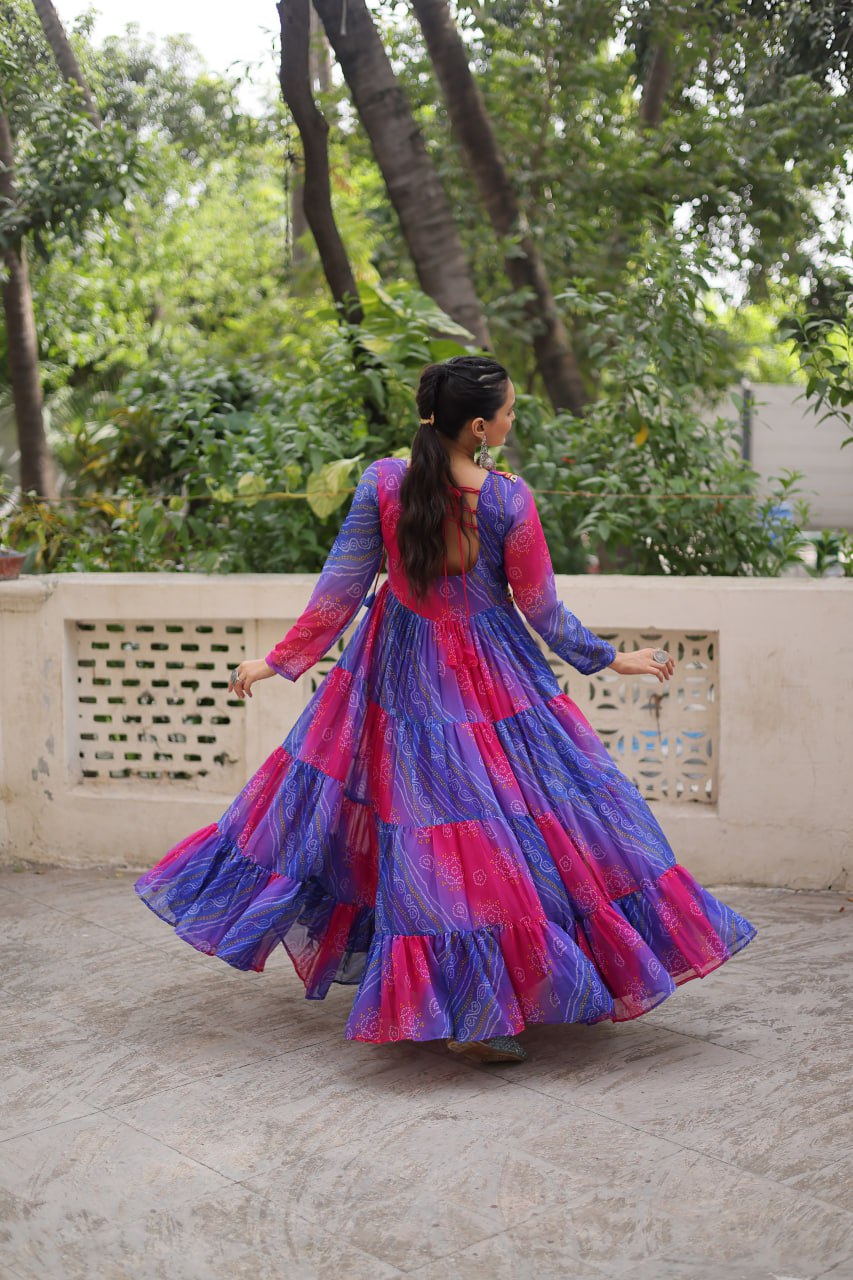 Navratri Special Laheriya And Bandhej Printed Georgette Garba Wear Gown
