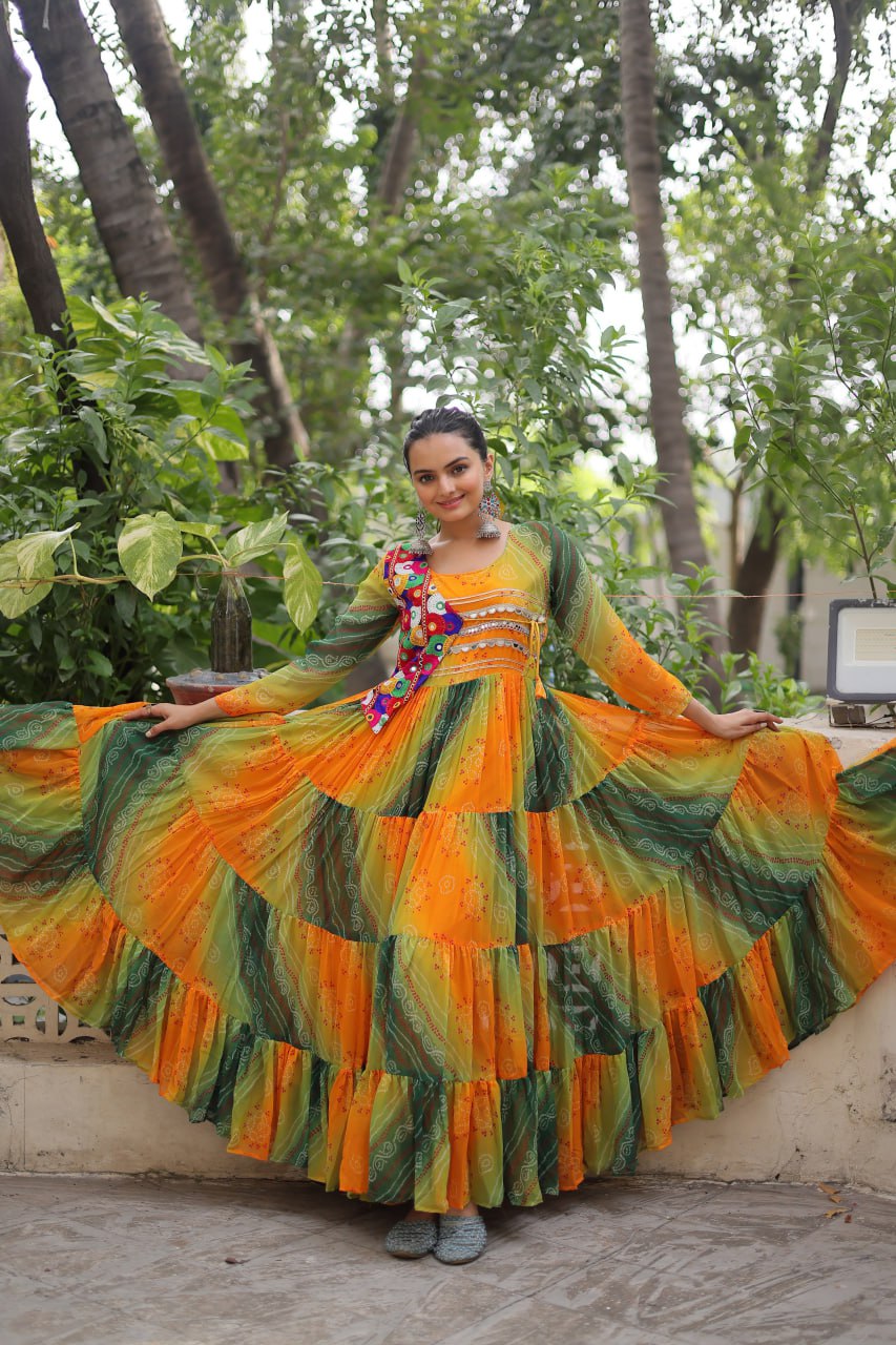 Navratri Special Laheriya And Bandhej Printed Georgette Garba Wear Gown