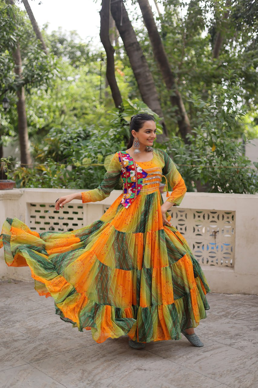 Navratri Special Laheriya And Bandhej Printed Georgette Garba Wear Gown