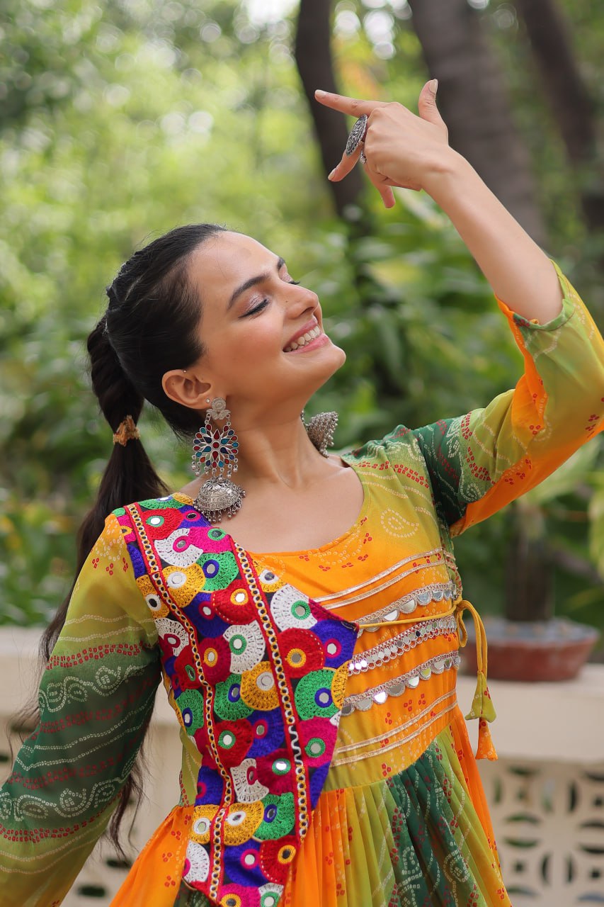 Navratri Special Laheriya And Bandhej Printed Georgette Garba Wear Gown
