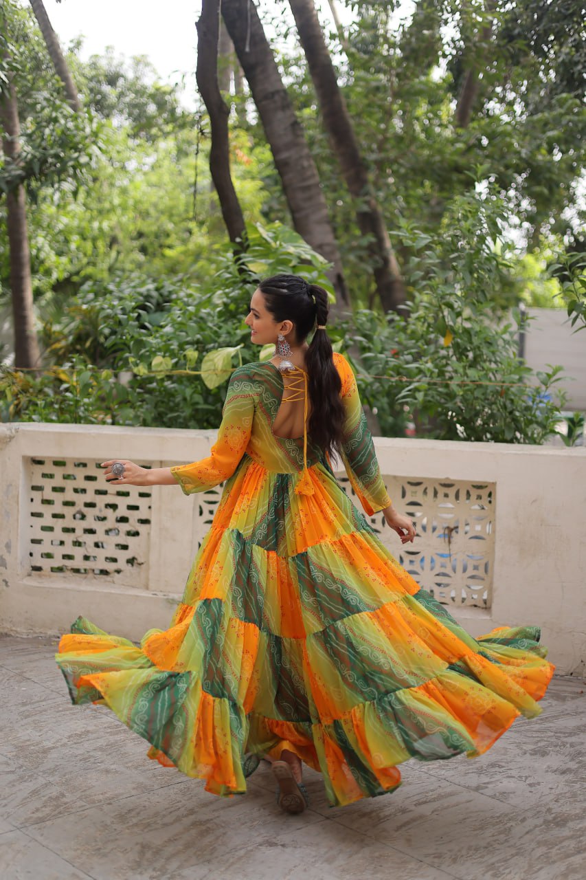Navratri Special Laheriya And Bandhej Printed Georgette Garba Wear Gown