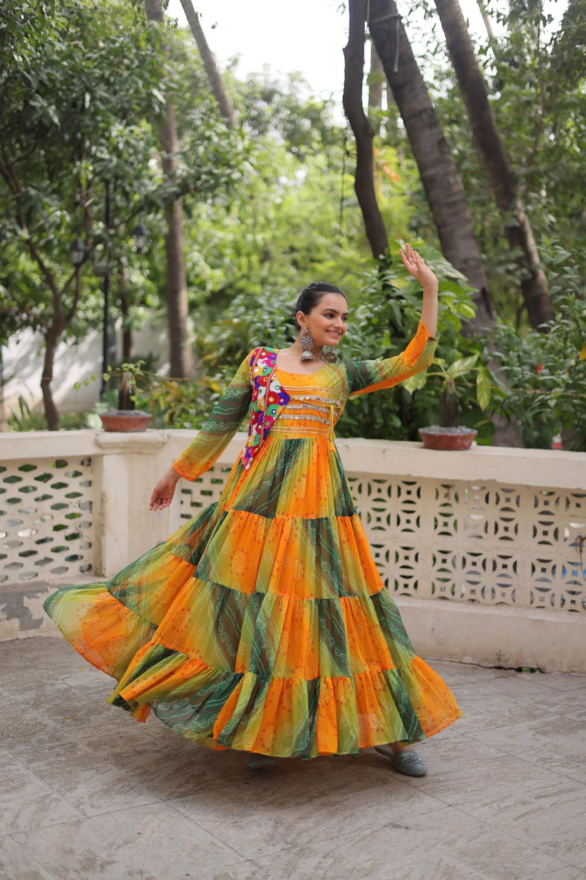 Navratri Special Laheriya And Bandhej Printed Georgette Garba Wear Gown