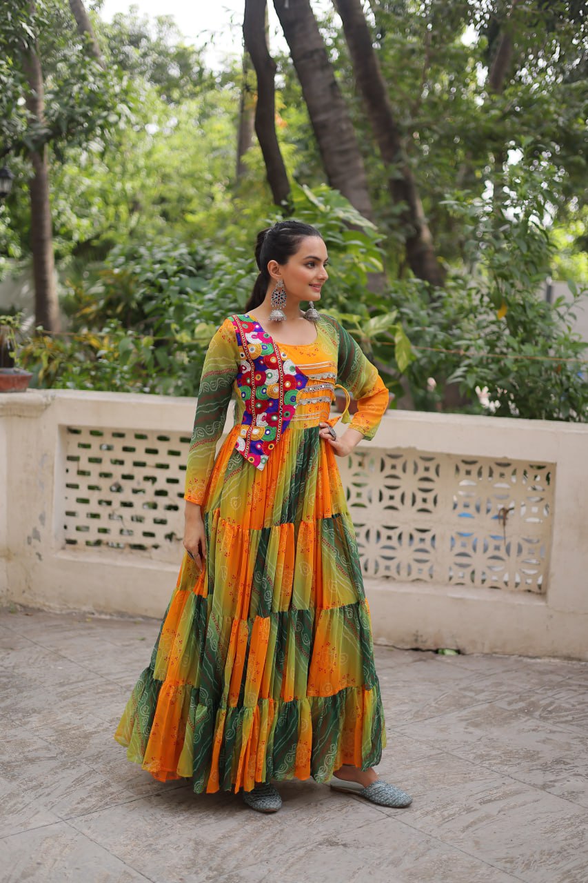 Navratri Special Laheriya And Bandhej Printed Georgette Garba Wear Gown