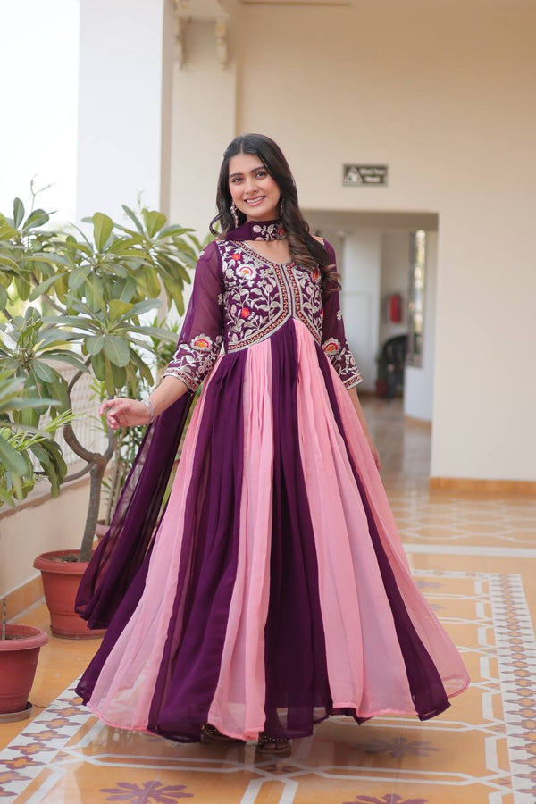 Marvelous Pink And Wine Color Georgette With Sequence Embroidery Work Gown