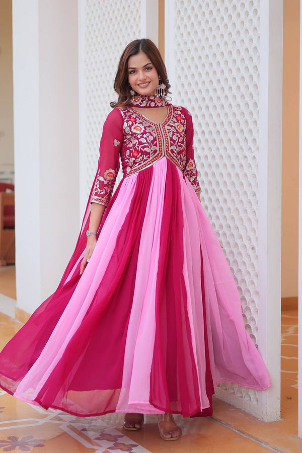 Marvelous Pink And Red Color Georgette With Sequence Embroidery Work Gown