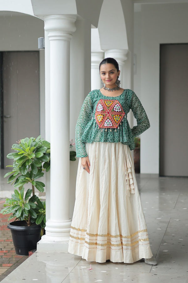 Green Color Bandhani Printed Top and Lehenga For Navratri
