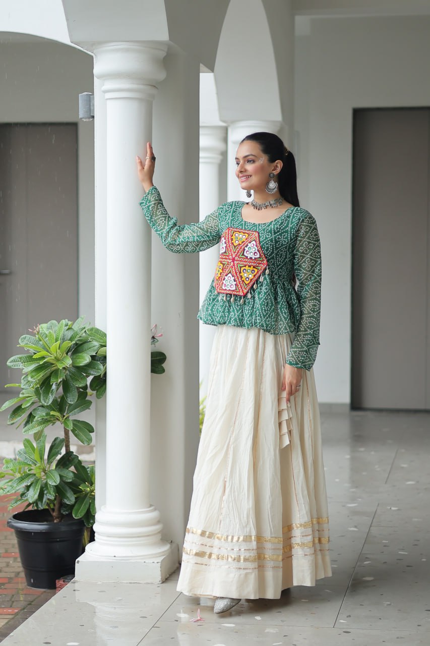 Green Color Bandhani Printed Top and Lehenga For Navratri
