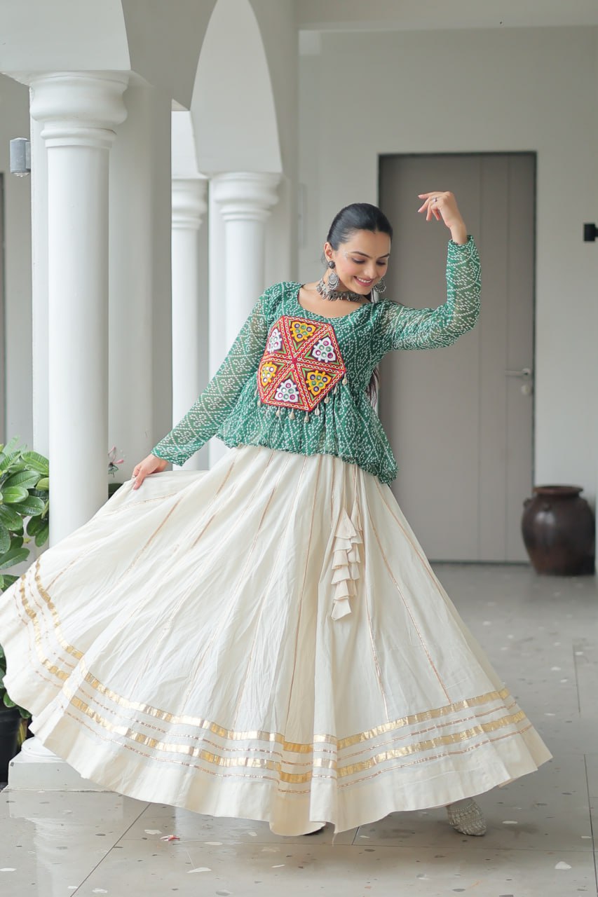 Green Color Bandhani Printed Top and Lehenga For Navratri
