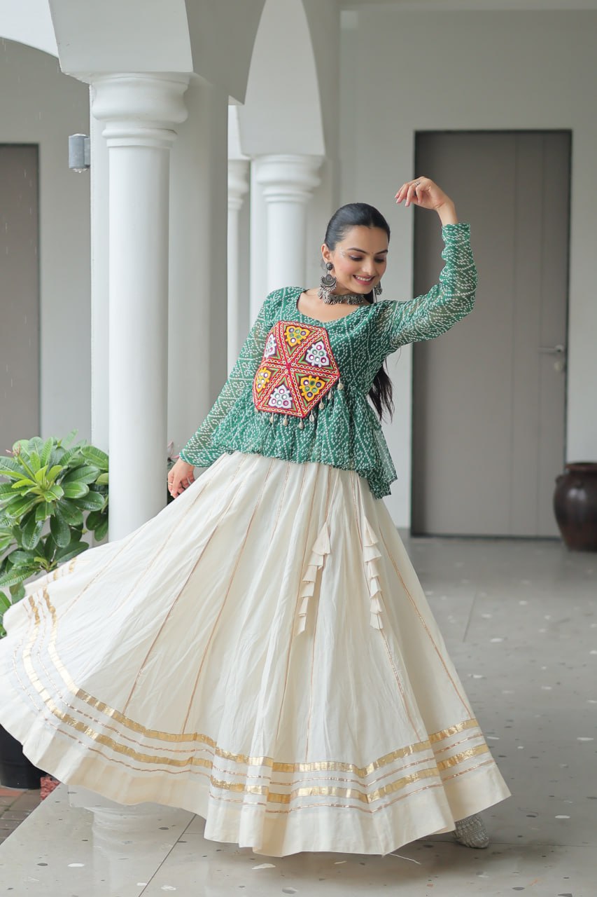 Green Color Bandhani Printed Top and Lehenga For Navratri