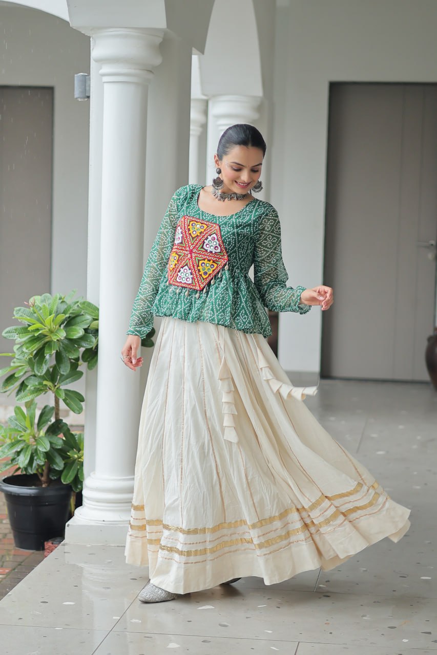 Green Color Bandhani Printed Top and Lehenga For Navratri