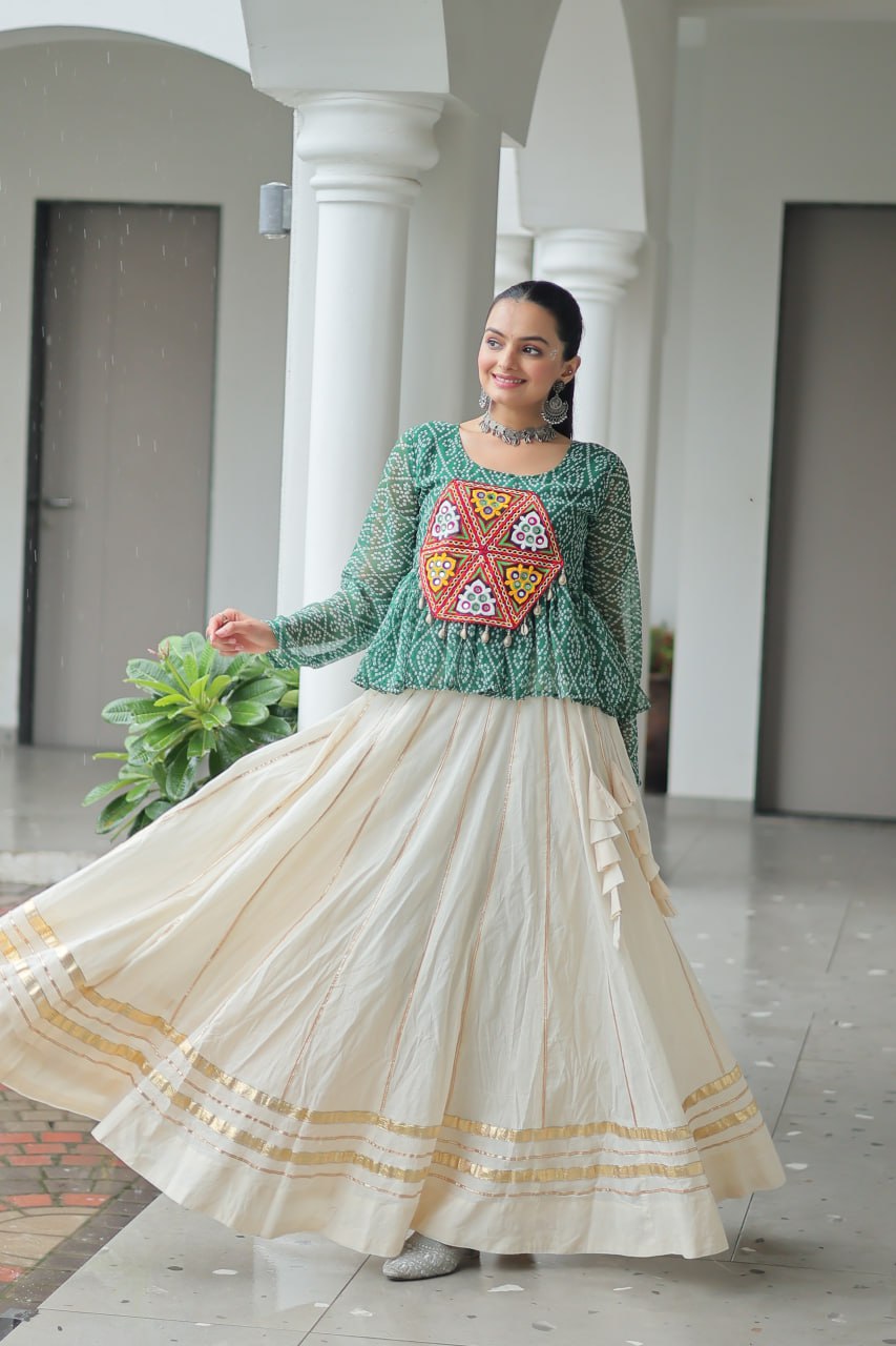Green Color Bandhani Printed Top and Lehenga For Navratri
