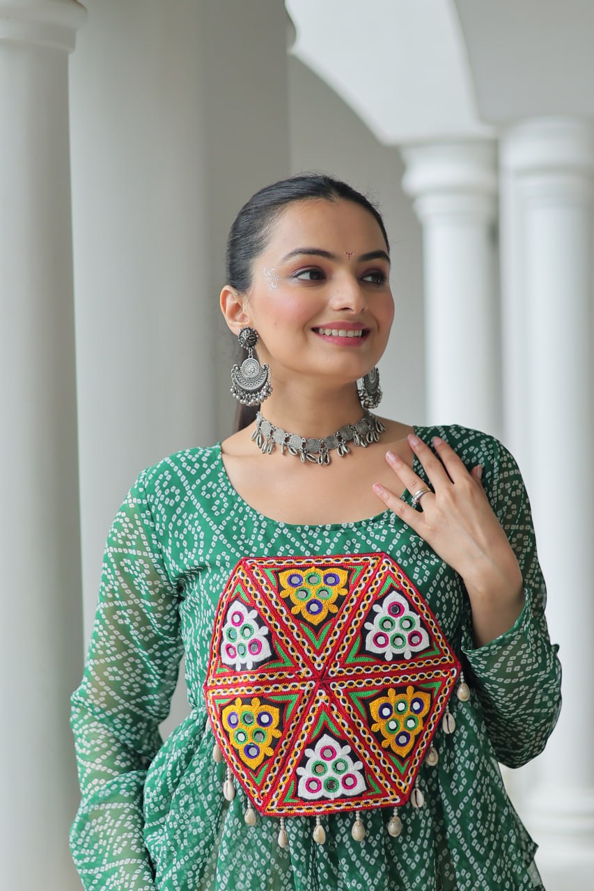 Green Color Bandhani Printed Top and Lehenga For Navratri