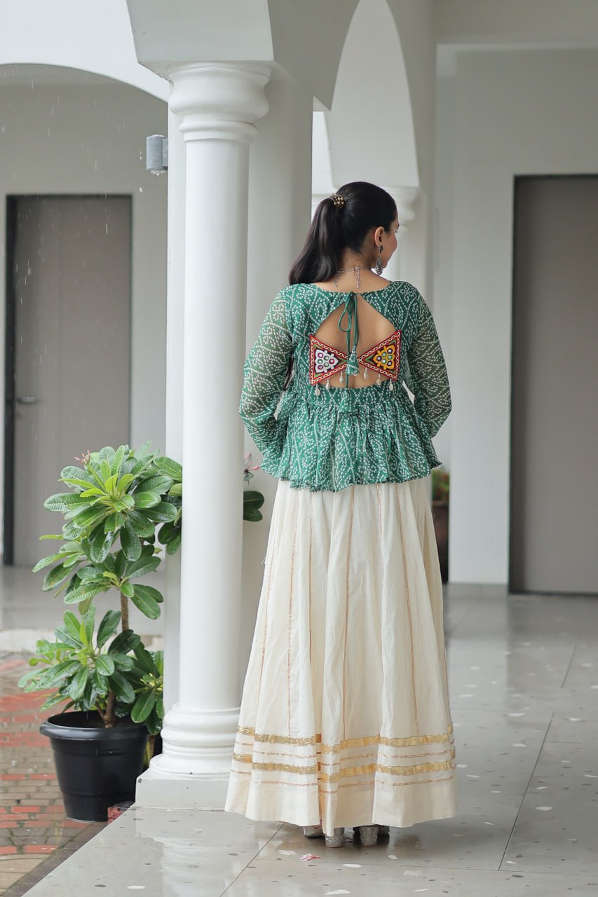 Green Color Bandhani Printed Top and Lehenga For Navratri