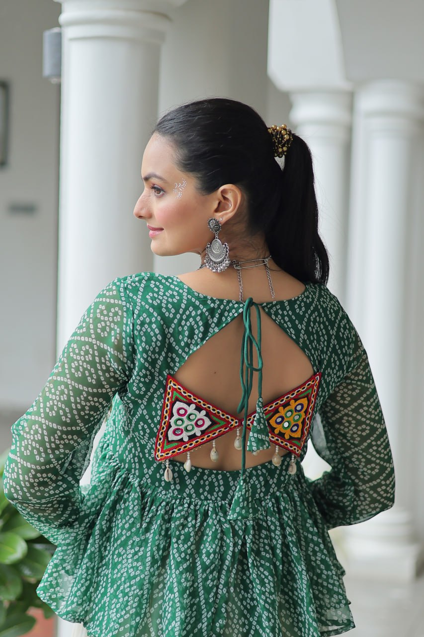 Green Color Bandhani Printed Top and Lehenga For Navratri