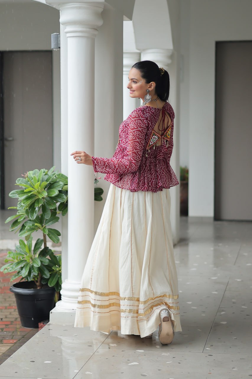 Maroon Color Bandhani Printed Top and Lehenga For Navratri