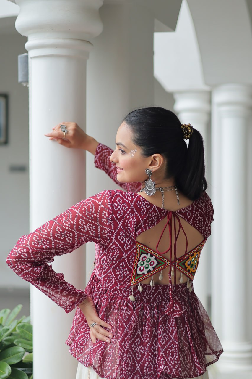 Maroon Color Bandhani Printed Top and Lehenga For Navratri
