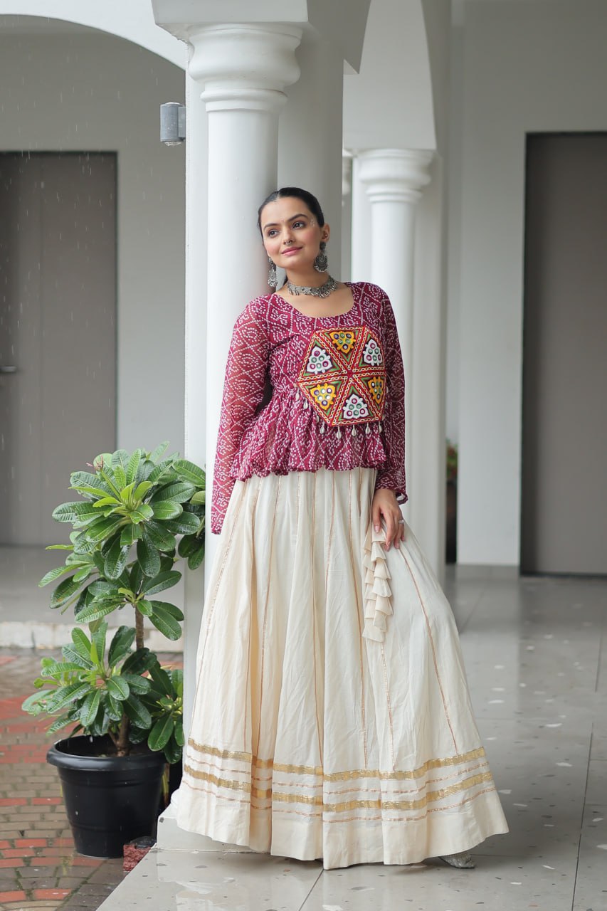 Maroon Color Bandhani Printed Top and Lehenga For Navratri