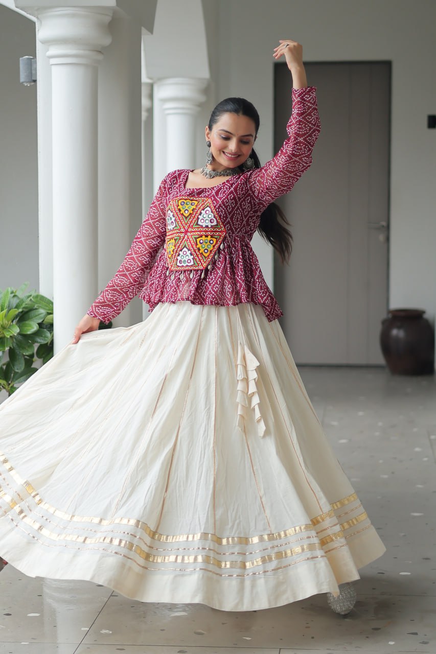 Maroon Color Bandhani Printed Top and Lehenga For Navratri