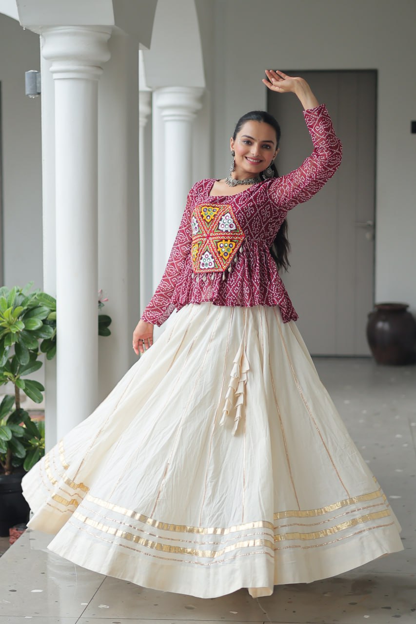Maroon Color Bandhani Printed Top and Lehenga For Navratri