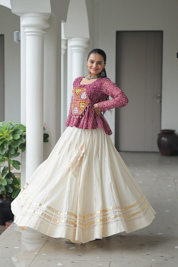 Maroon Color Bandhani Printed Top and Lehenga For Navratri