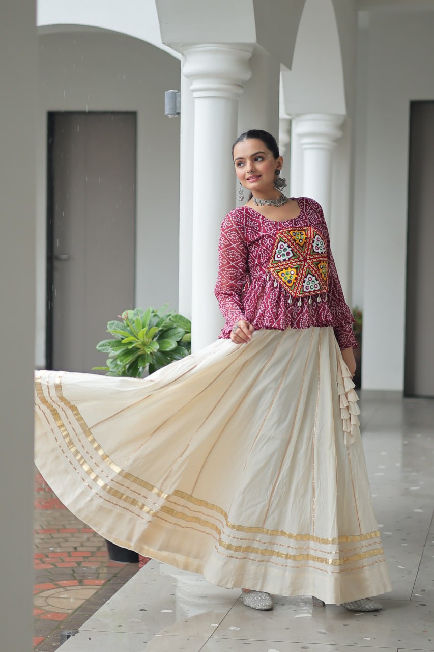 Maroon Color Bandhani Printed Top and Lehenga For Navratri