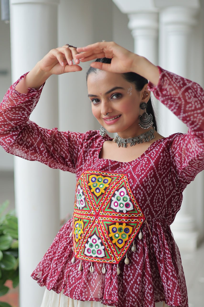 Maroon Color Bandhani Printed Top and Lehenga For Navratri