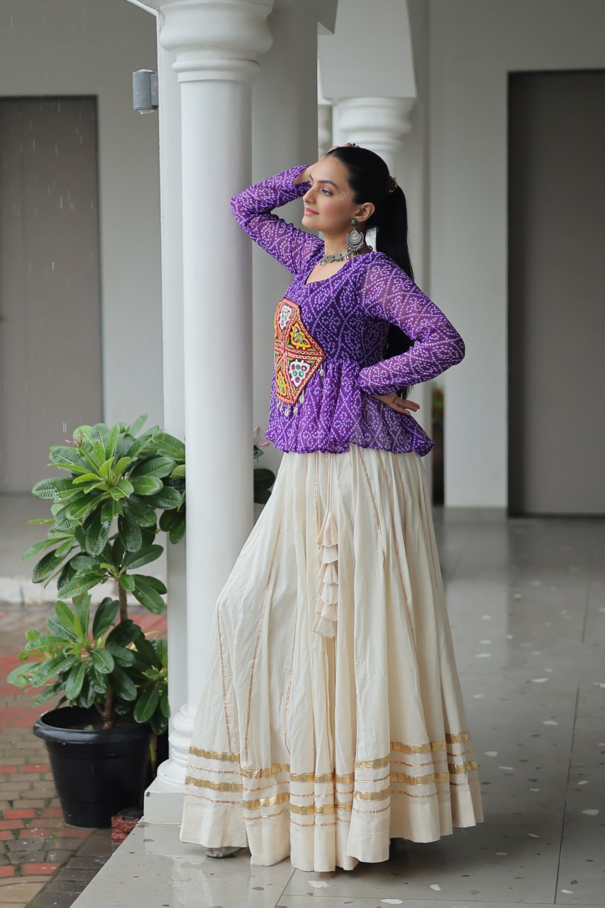 Purple Color Bandhani Printed Top and Lehenga For Navratri