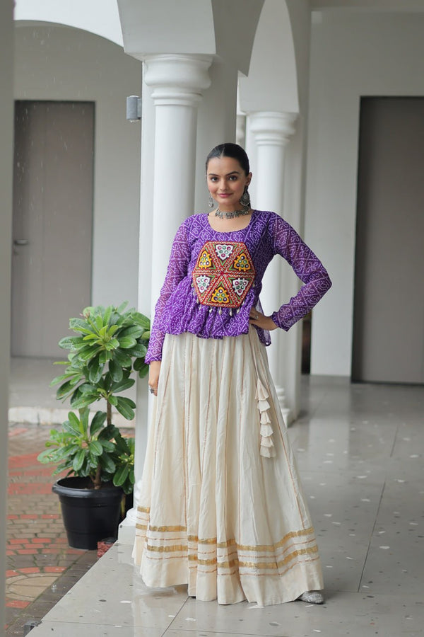 Purple Color Bandhani Printed Top and Lehenga For Navratri