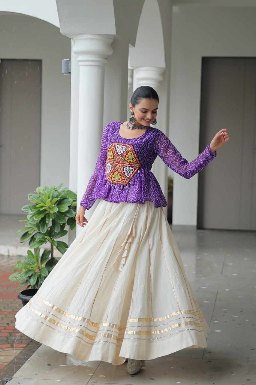 Purple Color Bandhani Printed Top and Lehenga For Navratri