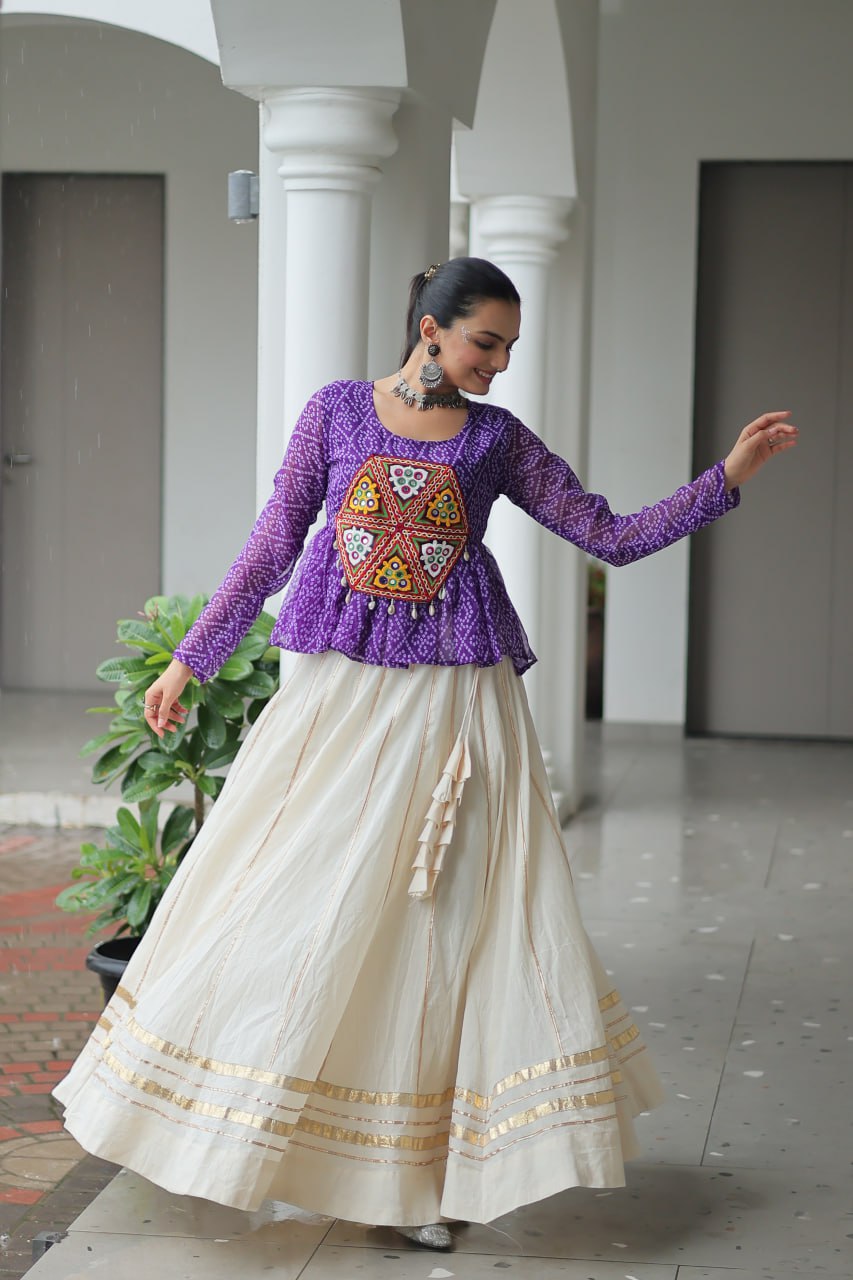 Purple Color Bandhani Printed Top and Lehenga For Navratri