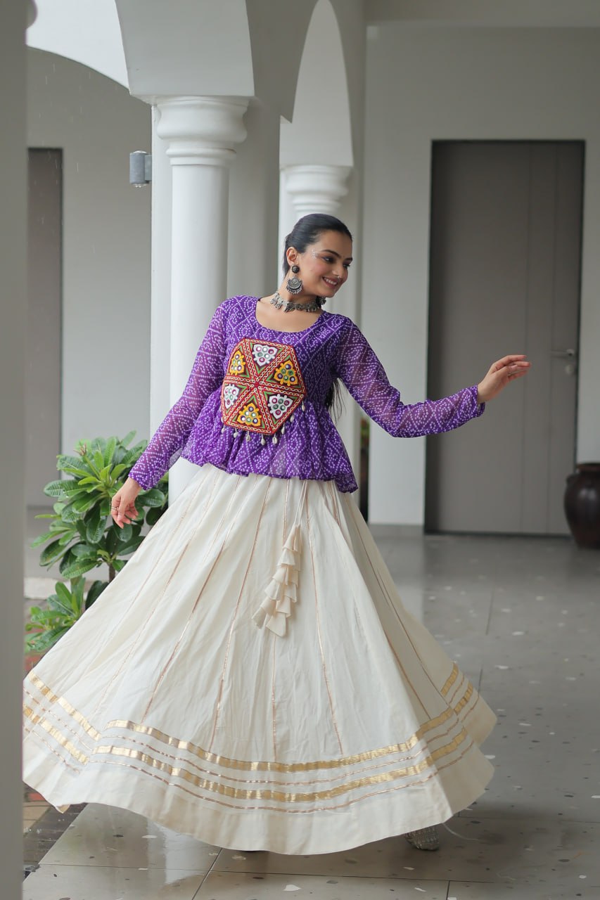 Purple Color Bandhani Printed Top and Lehenga For Navratri