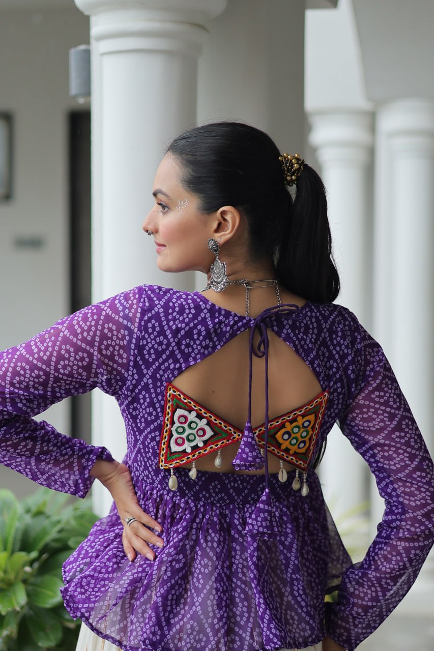 Purple Color Bandhani Printed Top and Lehenga For Navratri