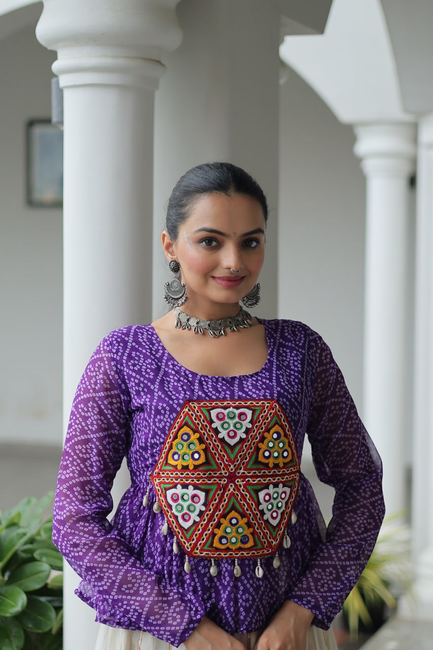 Purple Color Bandhani Printed Top and Lehenga For Navratri