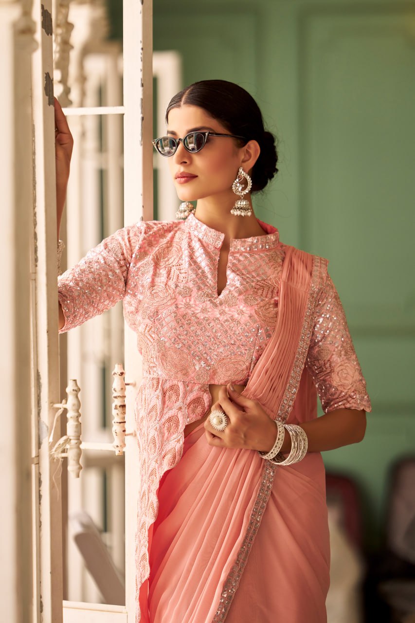 Wedding Wear Peach Color Chinon With Embroidery Work Ready To Wear Saree