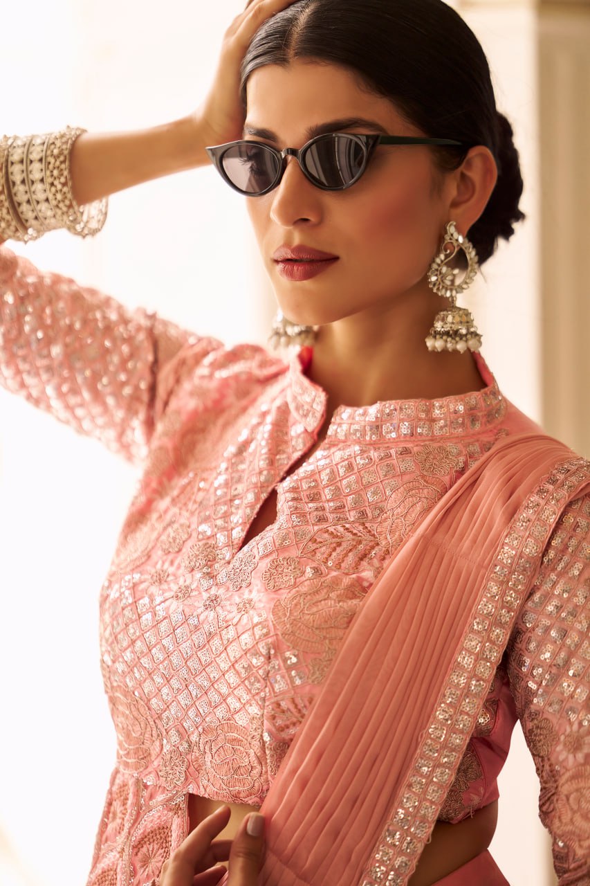 Wedding Wear Peach Color Chinon With Embroidery Work Ready To Wear Saree