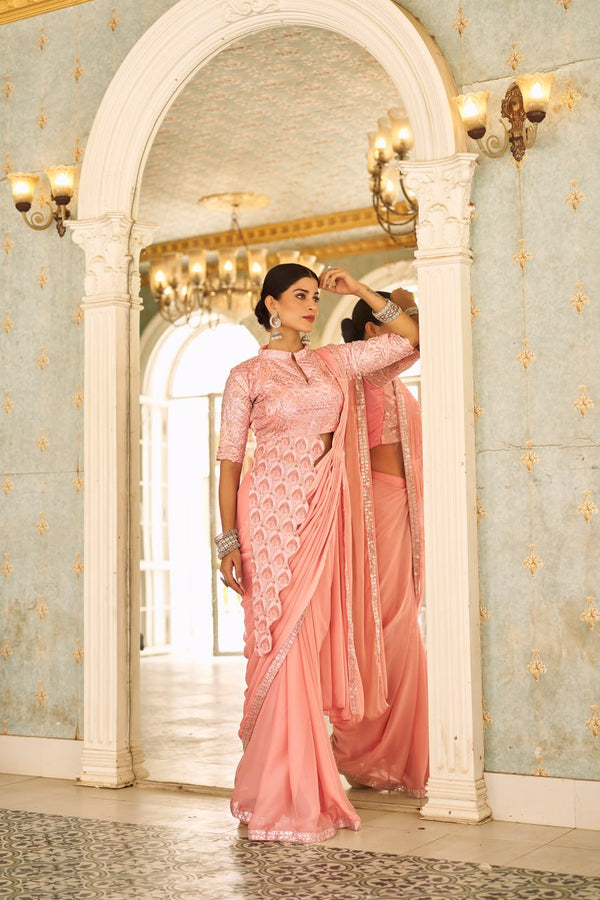 Wedding Wear Peach Color Chinon With Embroidery Work Ready To Wear Saree