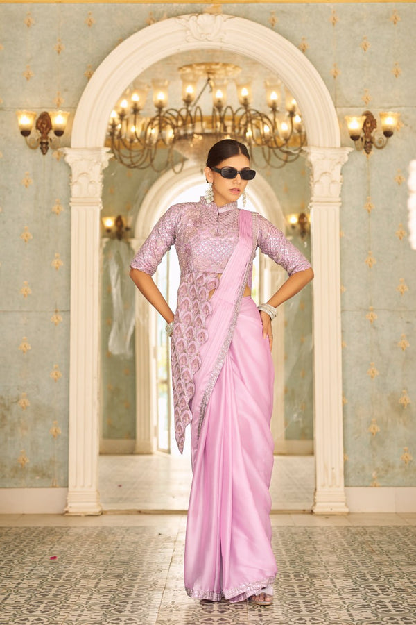 Wedding Wear Baby Pink Color Chinon With Embroidery Work Ready To Wear Saree