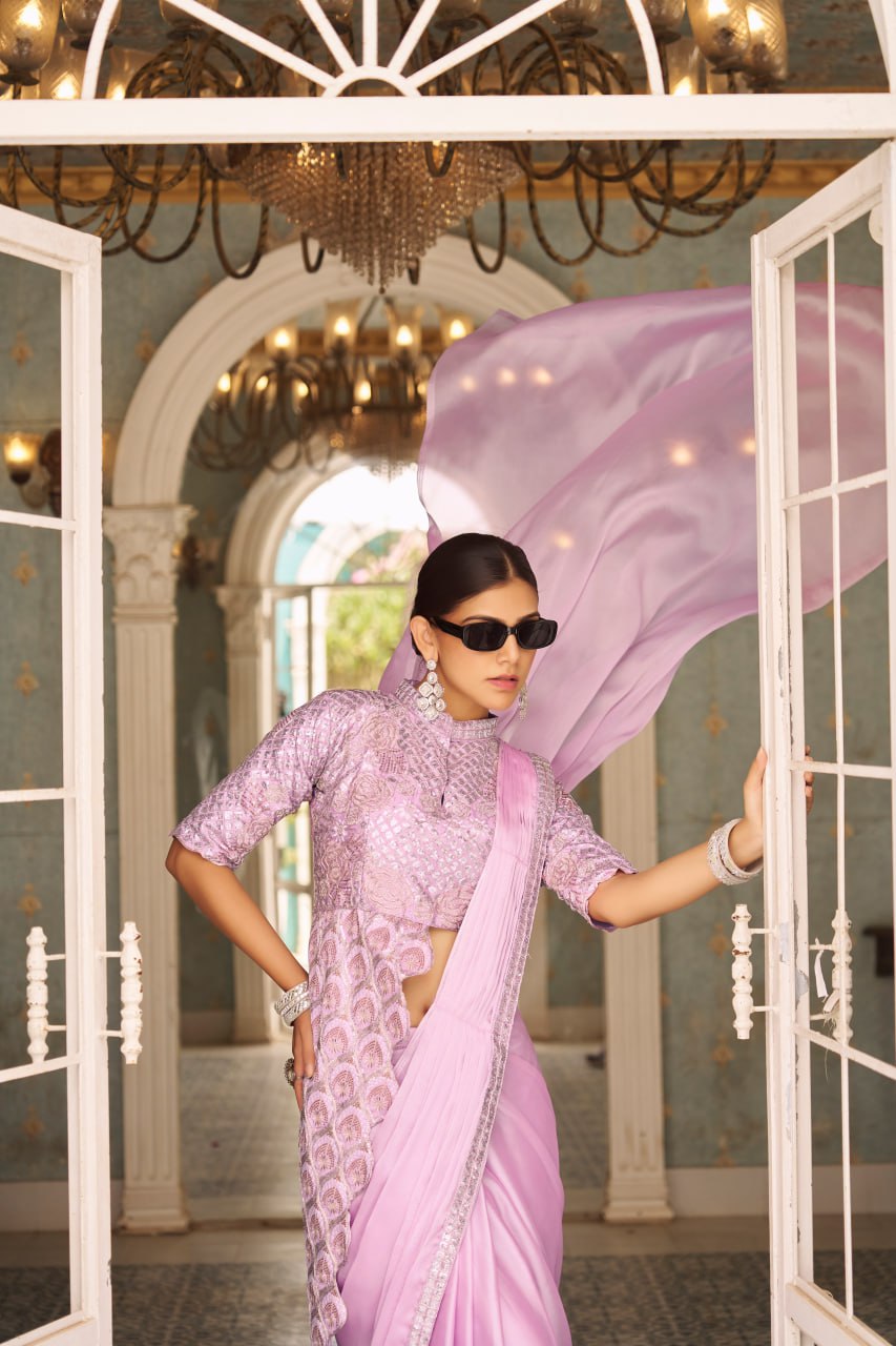 Wedding Wear Baby Pink Color Chinon With Embroidery Work Ready To Wear Saree