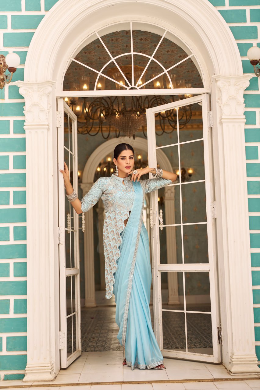 Wedding Wear Sky Blue Color Chinon With Embroidery Work Ready To Wear Saree