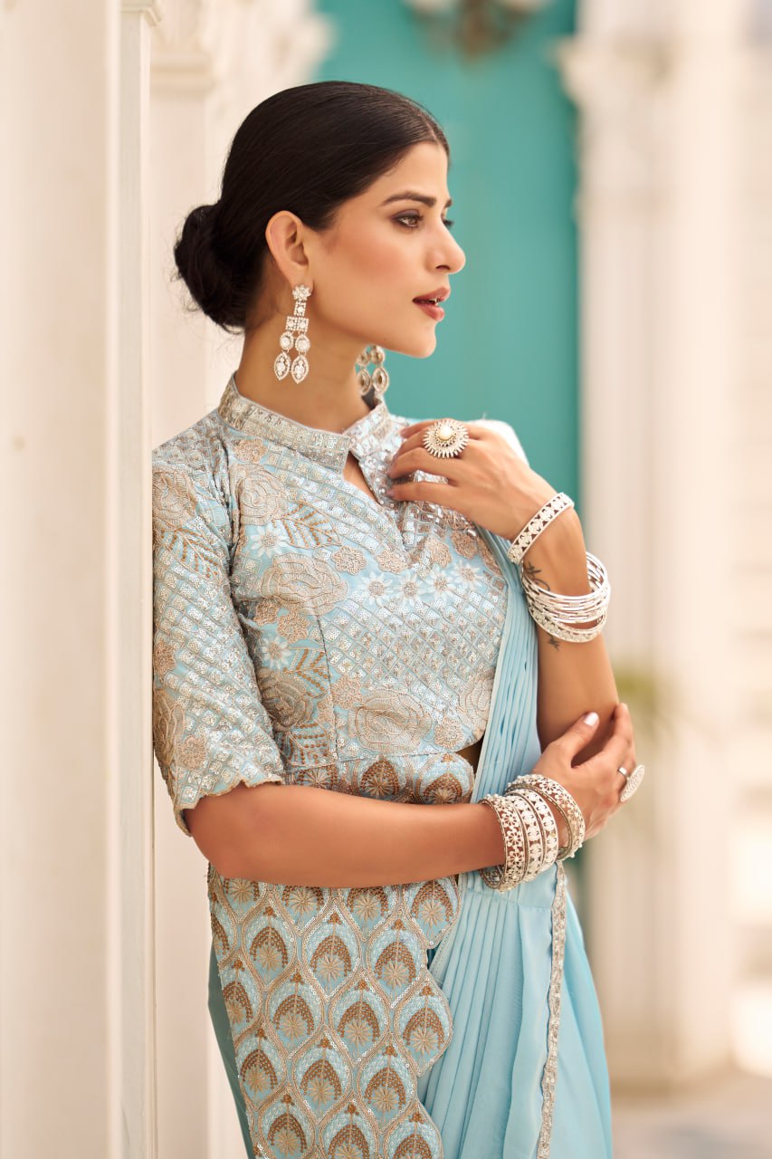 Wedding Wear Sky Blue Color Chinon With Embroidery Work Ready To Wear Saree
