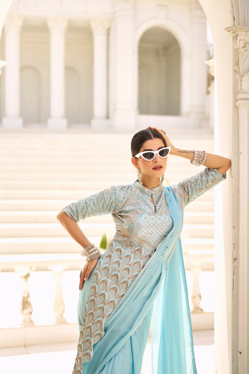 Wedding Wear Sky Blue Color Chinon With Embroidery Work Ready To Wear Saree